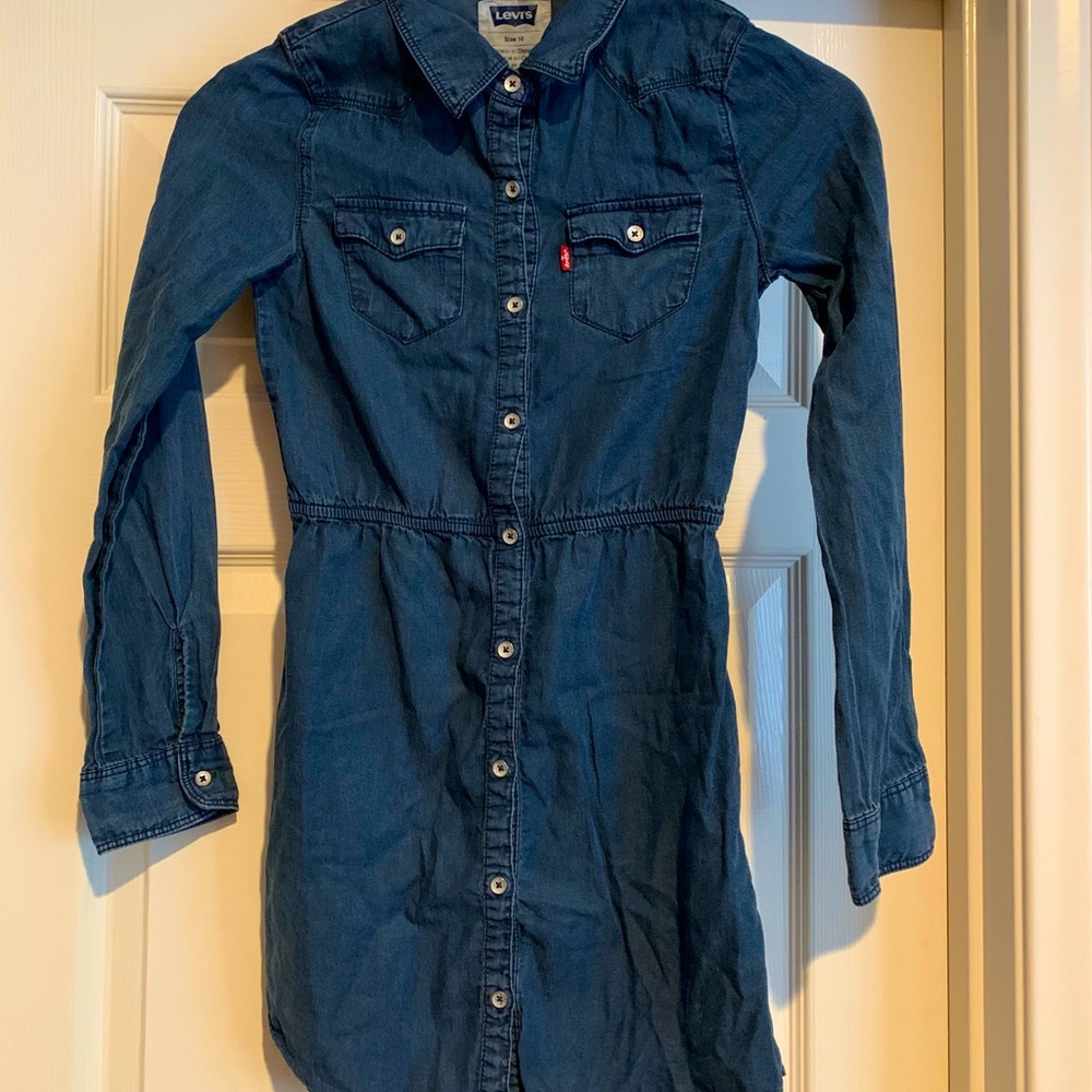 Levis Girls Blue Denim Long Sleeve Button Front Shirt Dress Size 10